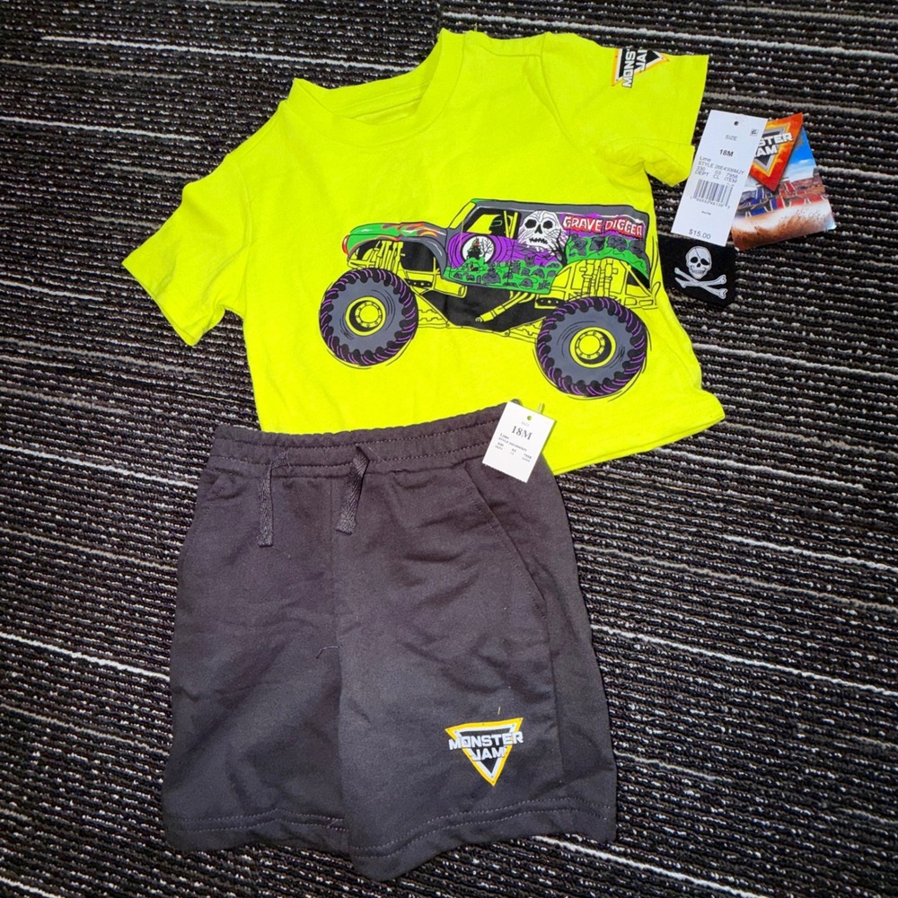 Monster Jam Short Set Kid 18M NEW Grave Digger Neon Lime Gray 2pc Outfit